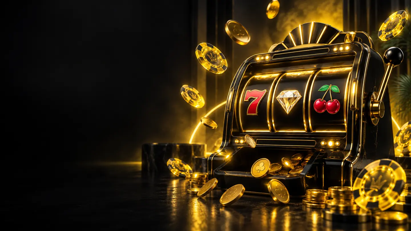 Compoziție tematică de casino cu un aparat de sloturi și jetoane aurii